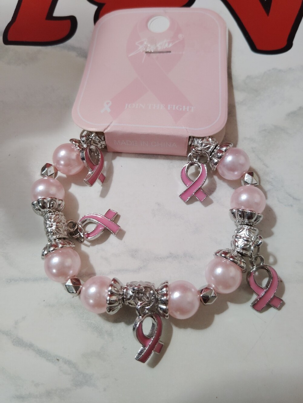 Breast Cancer Awareness Pink Ribbon Charm Bracelet -